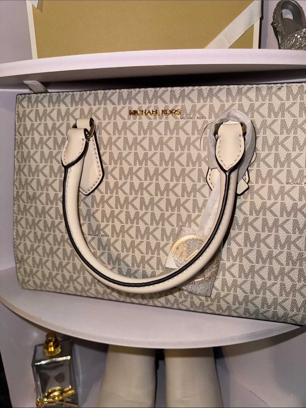 Michael Kors Beige & Cream Signature Satchel with Gold-Tone Logo